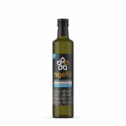Produktbild nigellio Bio-Schwarzkümmelöl gefiltert Vorderseite