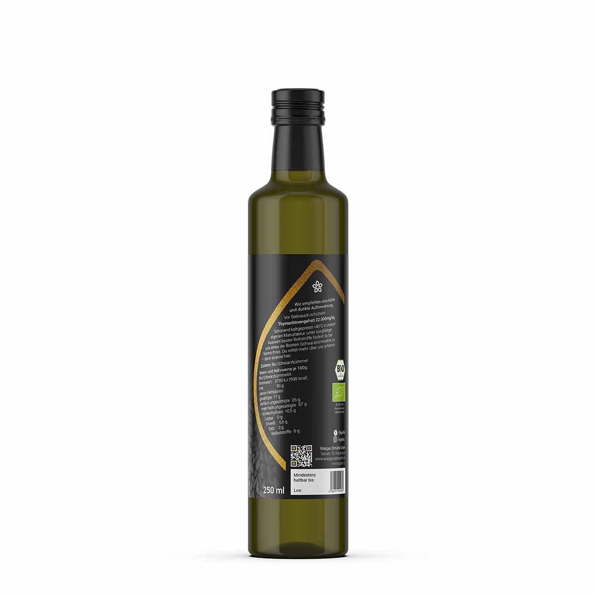 Produktbild nigellio Bio-Schwarzkümmelöl High Thymochinon Rückseite