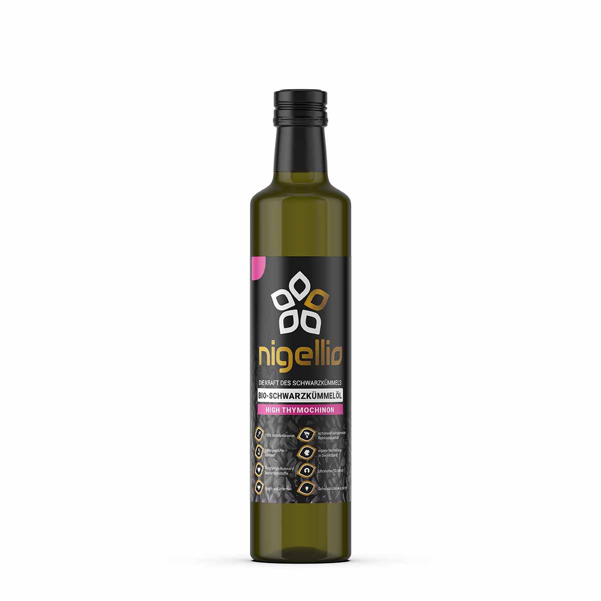 Produktbild nigellio Bio-Schwarzkümmelöl High Thymochinon Vorderseite