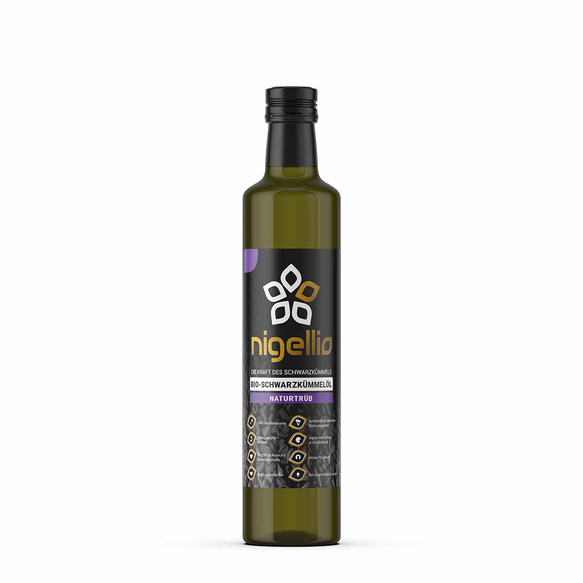 Produktbild nigellio Bio-Schwarzkümmelöl naturtrüb Vorderseite