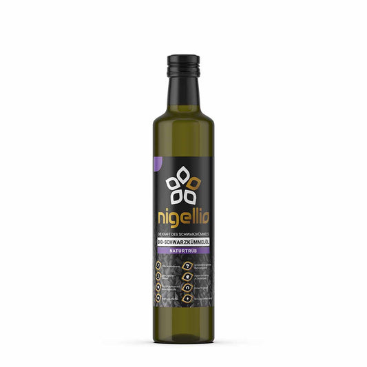 Produktbild nigellio Bio-Schwarzkümmelöl naturtrüb Vorderseite