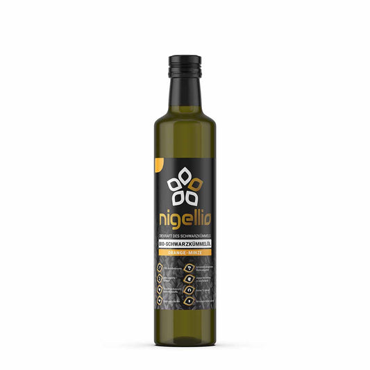 Produktbild nigellio Bio-Schwarzkümmelöl Orange-Minze Vorderseite